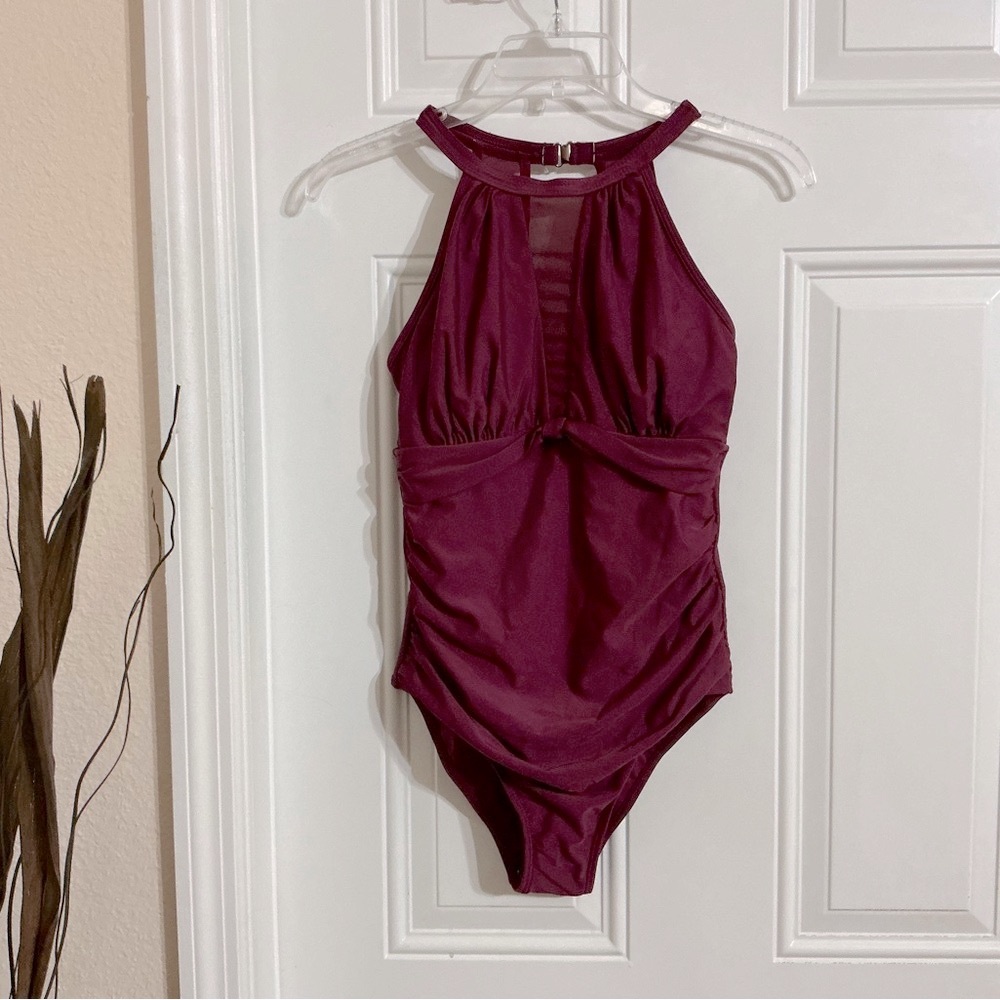 New Tempt Me Burgundy One Piece High Neck Plunge Mesh Ruched Swimsuit Size S - Picture 4 of 10